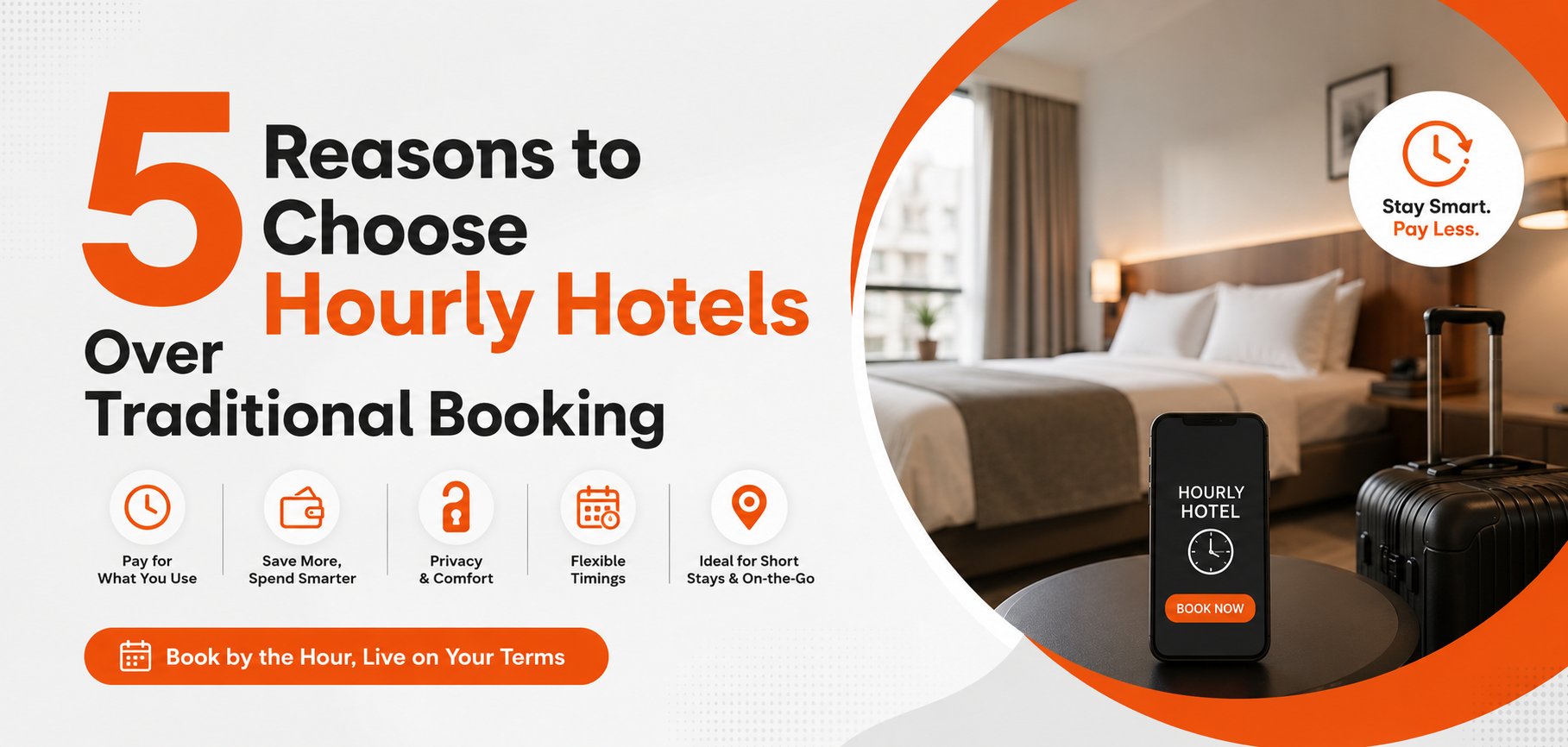 Modern blog banner showing reasons to choose hourly hotels over traditional booking with premium hotel room and flexible stay concept.