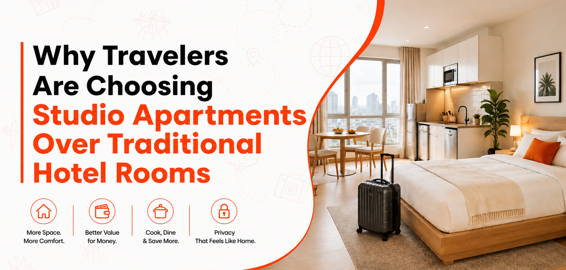 Modern furnished studio apartment with living space and bedroom setup for travelers | Qwiksta